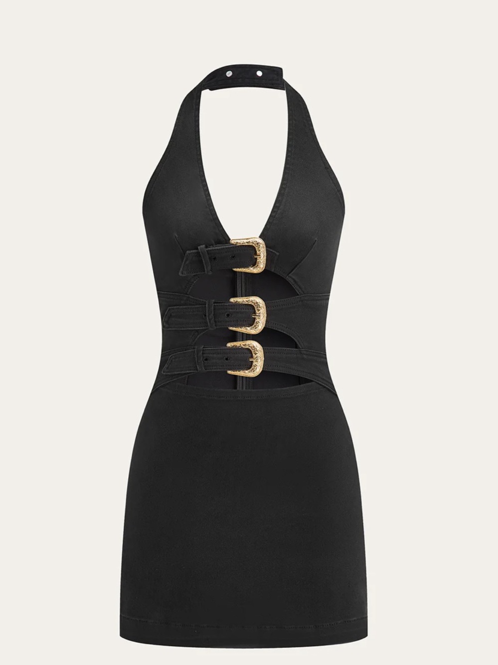 Commense Black Halter Dress with Gold Buckles